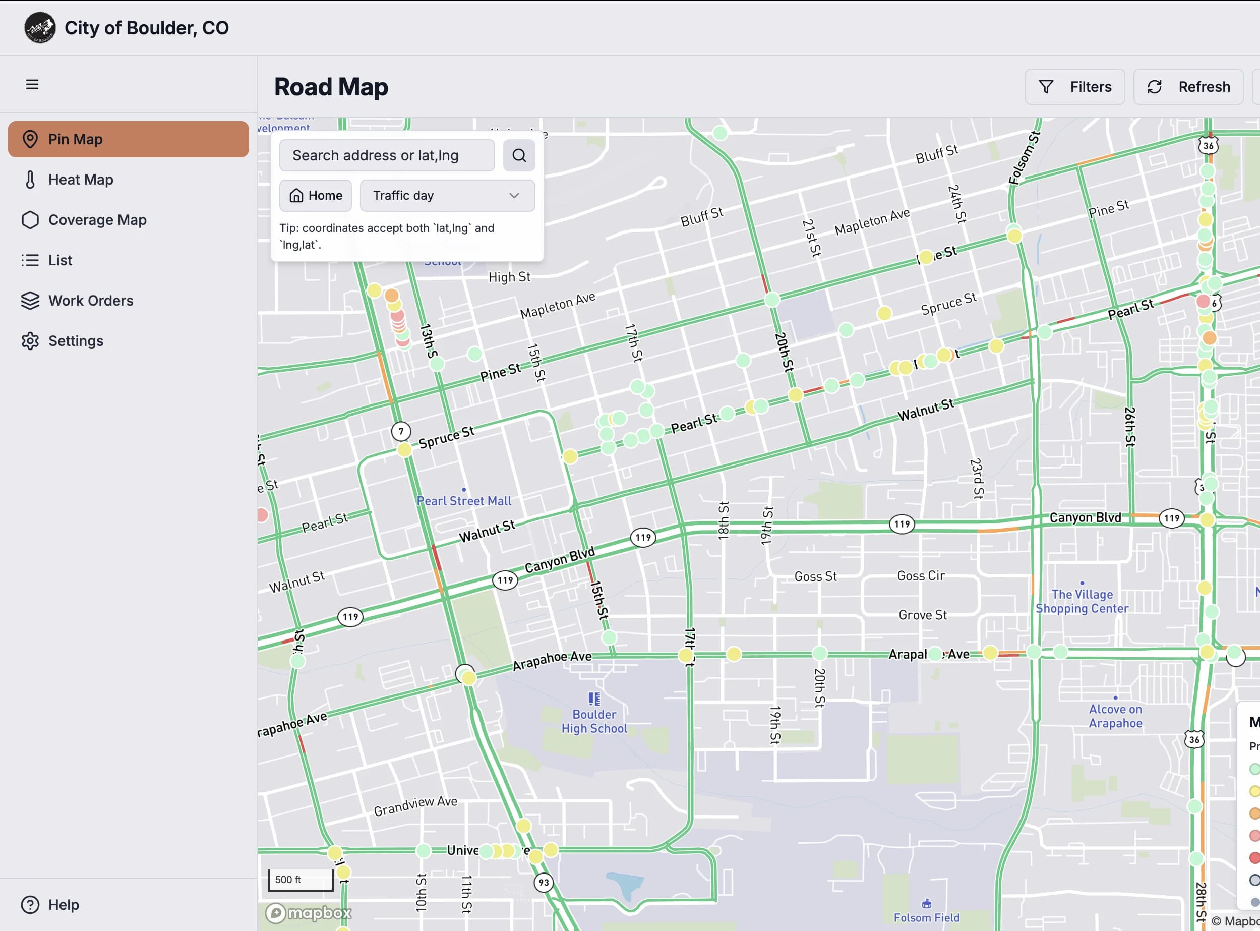 The Arterial Road Map for the City of Boulder: streets coloured by condition, with pins across the network coloured by priority score