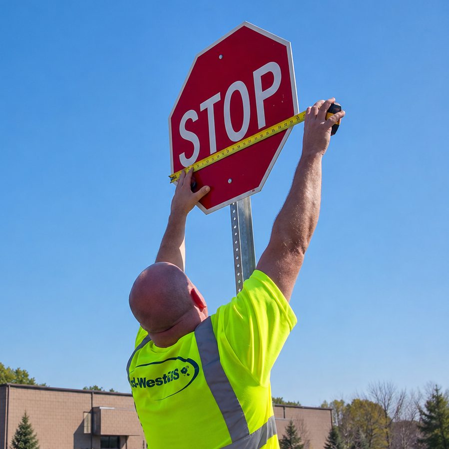 A public works worker measuring a stop sign with a tape measure