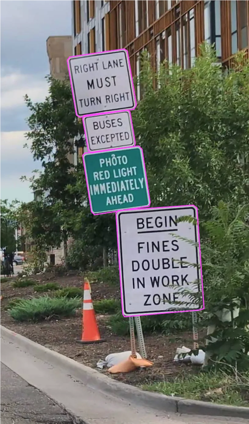Signage Inventory — detections outlined on a street frame