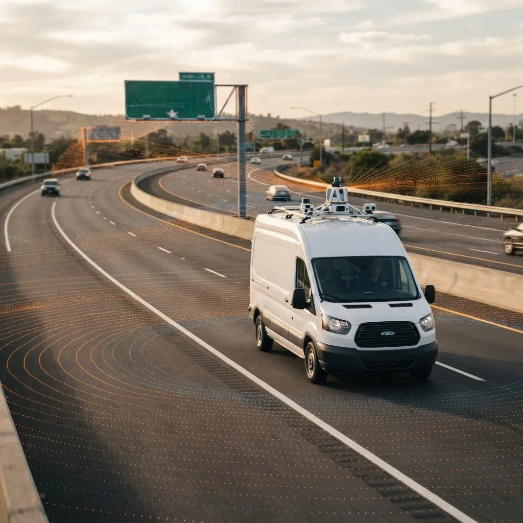 A survey van carrying a roof-mounted LiDAR rig driving a highway corridor